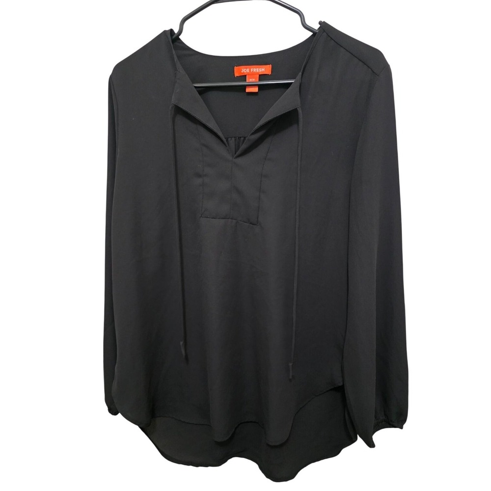Joe Fresh Womens Black Long-Sleeve Blouse M With Tie Neck & Elastic Cuffs‎